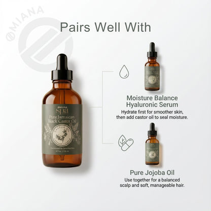Three bottles of Omiana spa skincare products with labels on a white background explaining how the Black Jamaican Castor Oil pairs well with Moisture Balance Hyaluronic Serum and Pure Jojoba Oil.