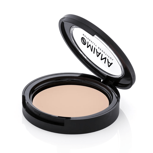 Mineral makeup clean ingredient Omiana open compact powder case with porcelain powder and brand logo on a white background
