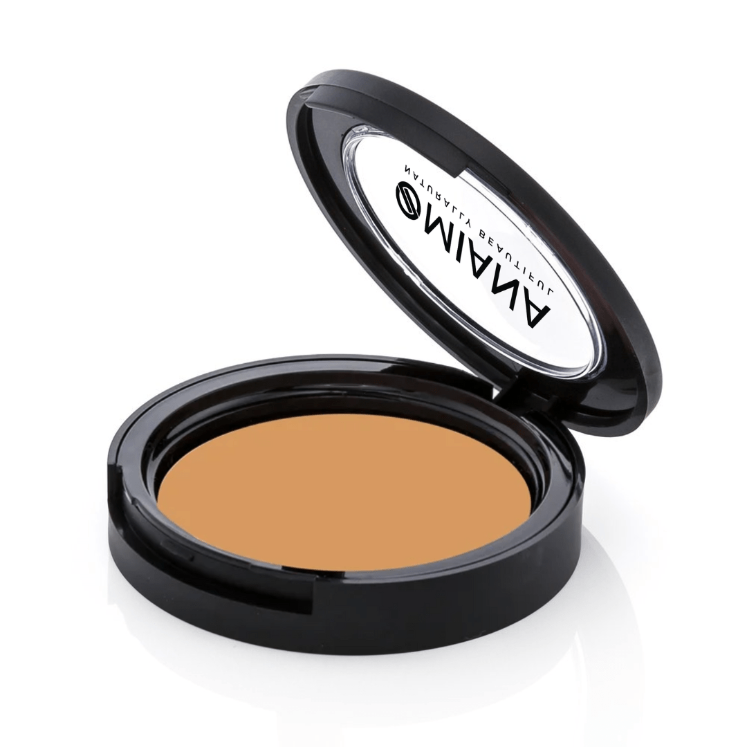 Mineral makeup clean ingredient Omiana open compact powder case with medium tan powder and brand logo on a white background