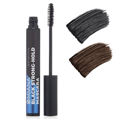 Omiana Strong-Hold mascara with black and brown wands on a white background